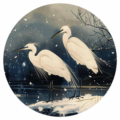 Runde Fototapete - Herons over a winter pond - Japanese-style illustration in dark colours