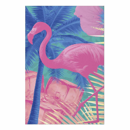 Poster - Pink Flamingo - abstract flamingo against a background of palm trees and ice cubes