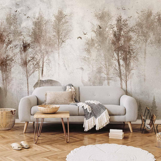 Fototapete - Among the trees - landscape in grey tones in fog in a clearing with birds Artgeist