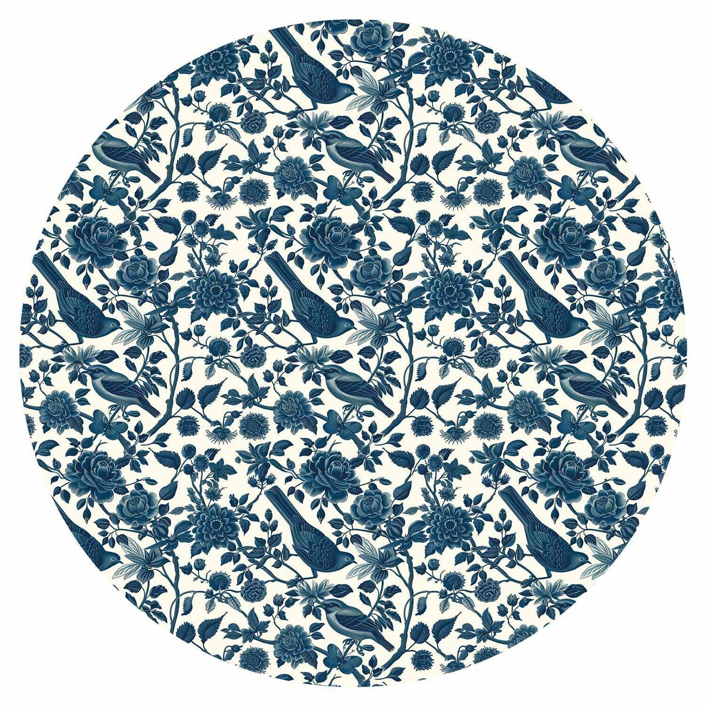 Runde Fototapete - Birds and roses - monochrome blue pattern with botanical motif