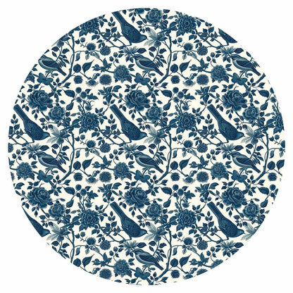 Runde Fototapete - Birds and roses - monochrome blue pattern with botanical motif