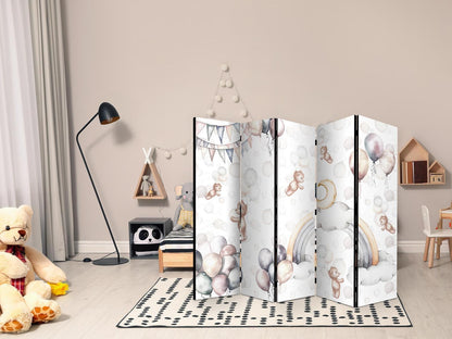 Paravent - Plush Bears with Balloons - Flying Light-Brown Bears Among Balloons - Clouds - and Rainbows in Subdued - Pastel Hues