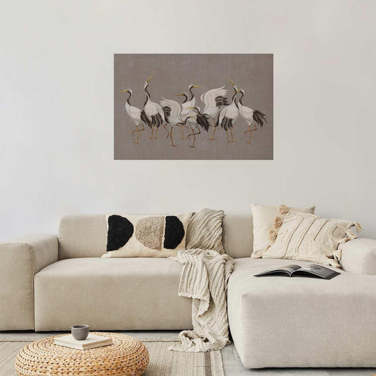 Poster - Crane Dance - light bird silhouettes on a warm-gray textured background Artgeist