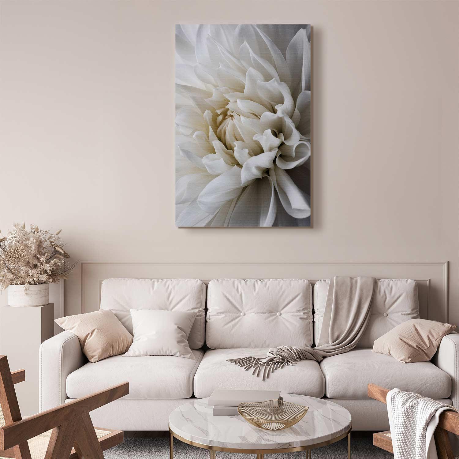 Canvas print of white dahlia in a modern living room setting.