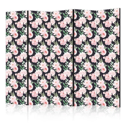 Paravent - Peonies - Pink Flowers and Green Leaves on a Graphite Background Artgeist