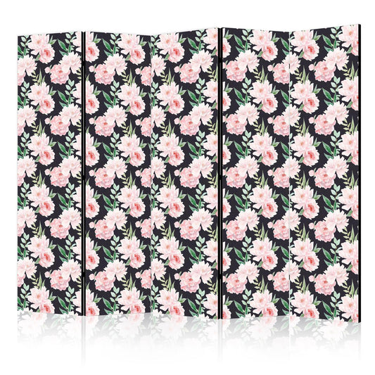 Paravent - Peonies - Pink Flowers and Green Leaves on a Graphite Background Artgeist