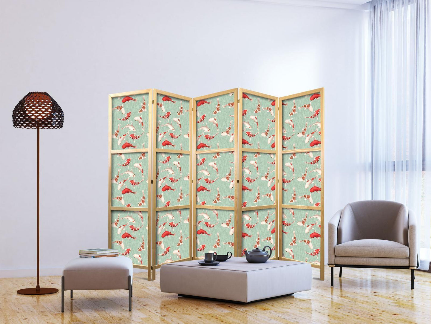 Japanischer Paravent - Fish and Japanese Pattern - Koi Fish in Orange-Cream Colors on a Green-Mint Background with an Oriental Pattern Artgeist