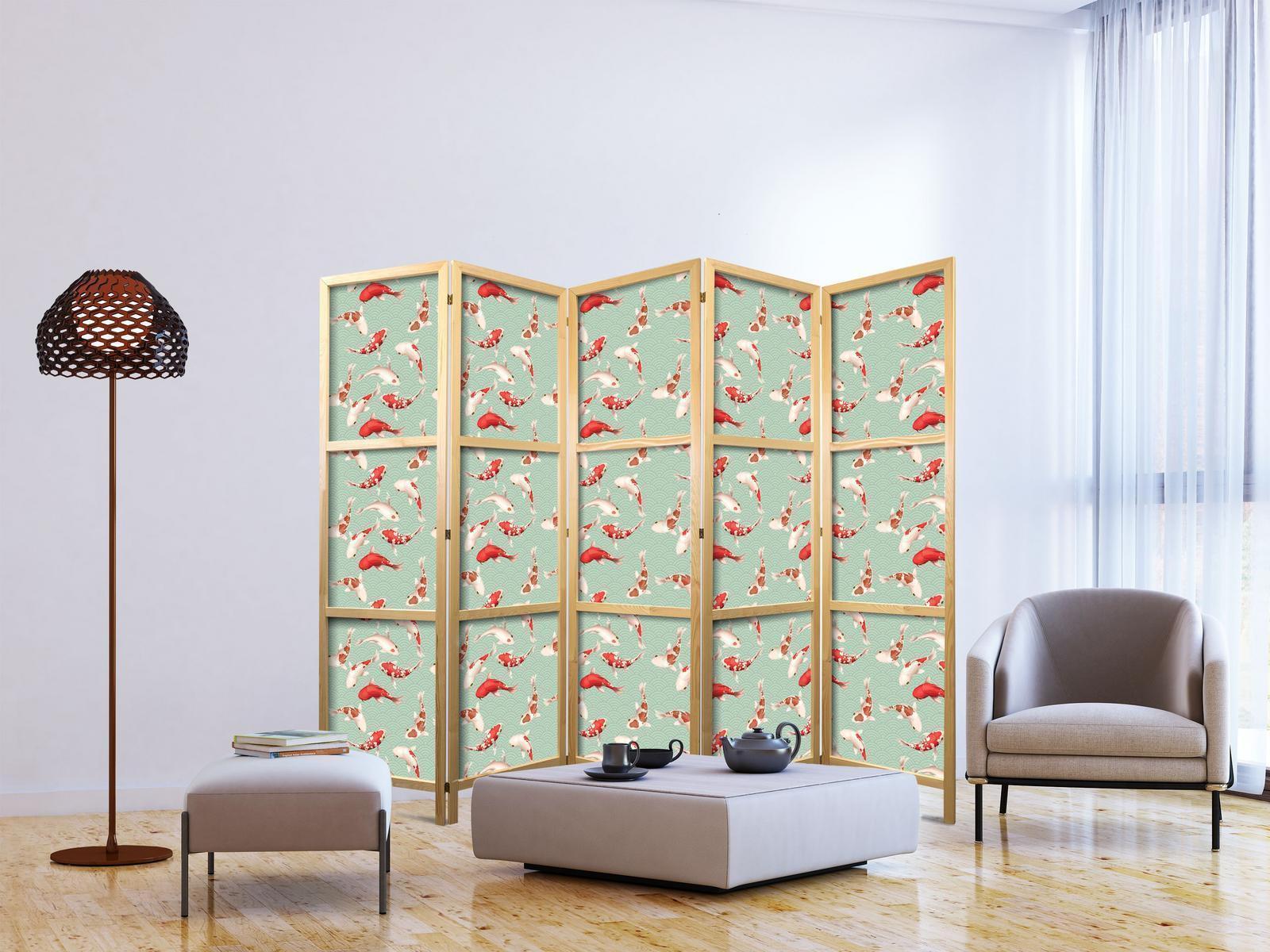 Japanischer Paravent - Fish and Japanese Pattern - Koi Fish in Orange-Cream Colors on a Green-Mint Background with an Oriental Pattern Artgeist