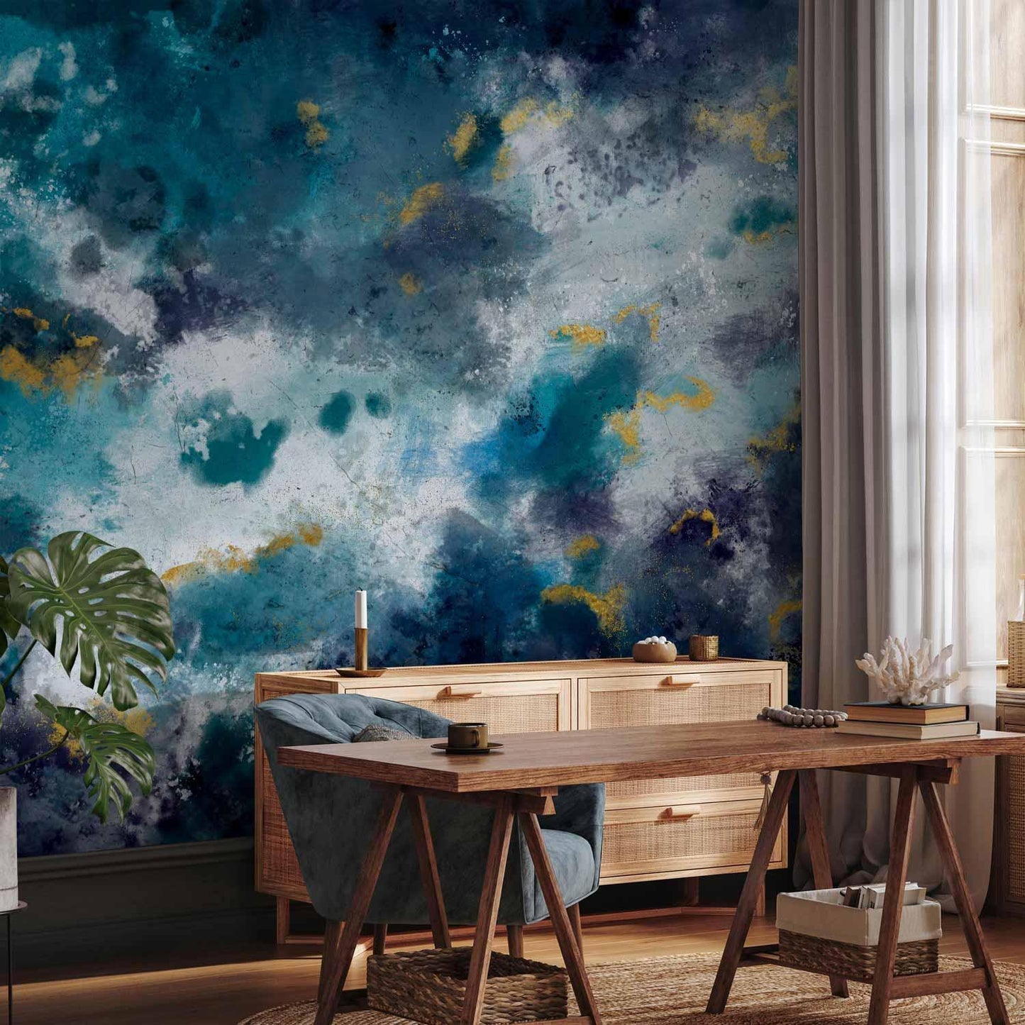 Fototapete - Stormy ocean - abstract blue composition in watercolour style