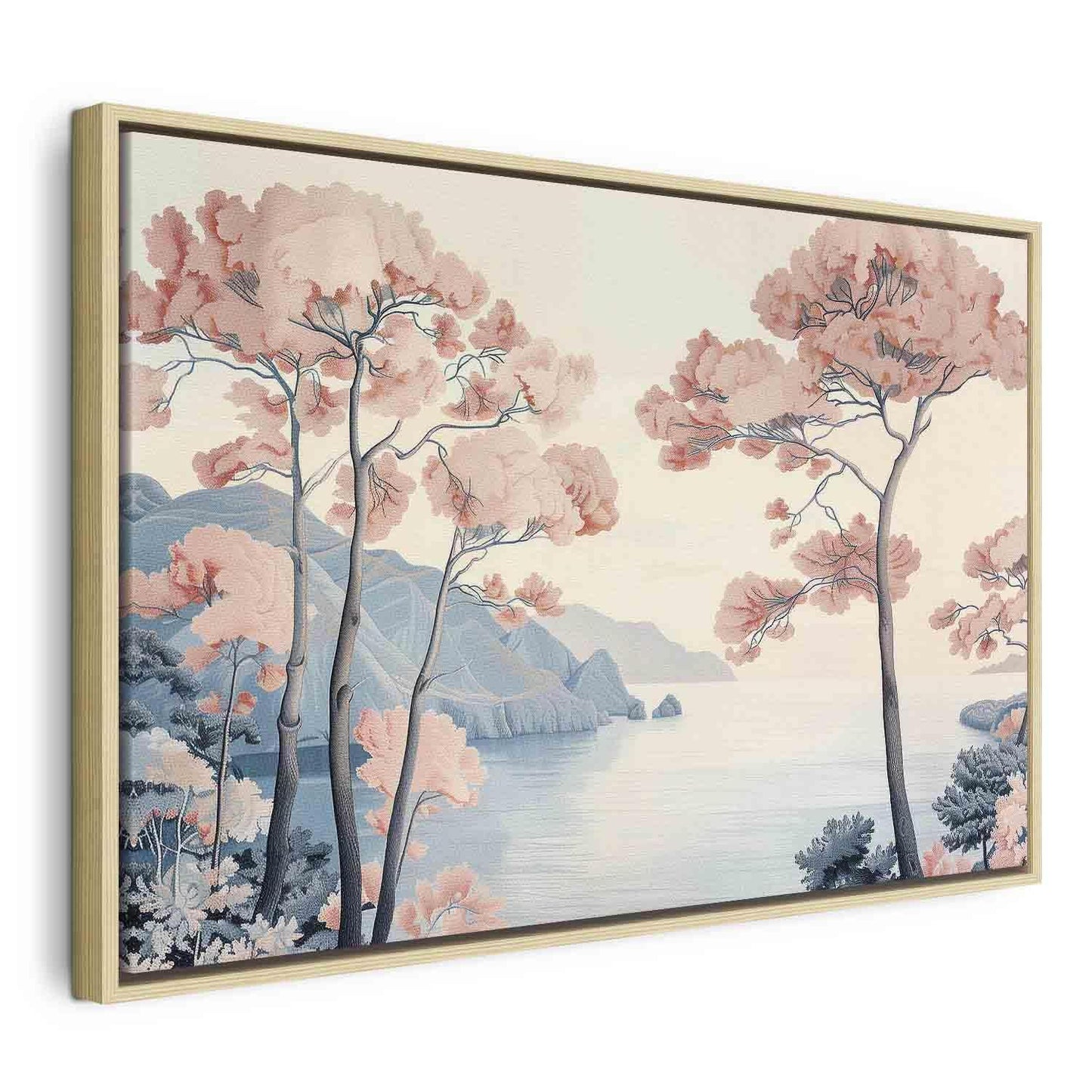 Leinwandbild - Landscape with the Ocean Cliffs and Trees in Delicate Pink Shades