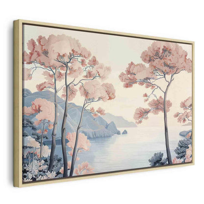 Leinwandbild - Landscape with the Ocean Cliffs and Trees in Delicate Pink Shades