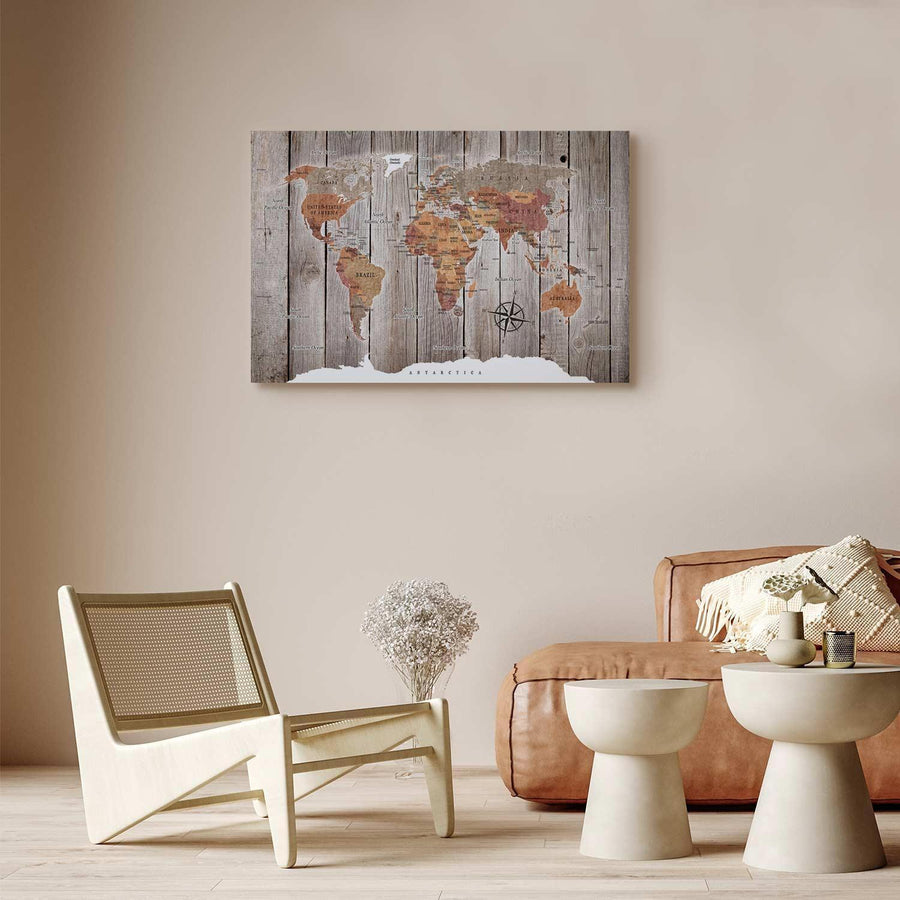 Leinwandbild - World Map: Wooden Stories Artgeist