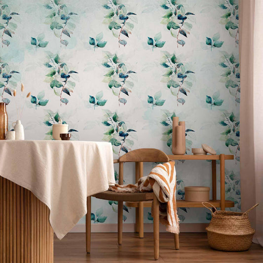 Fototapete - Mint nature - uniform pattern in floral motif with green leaves Artgeist