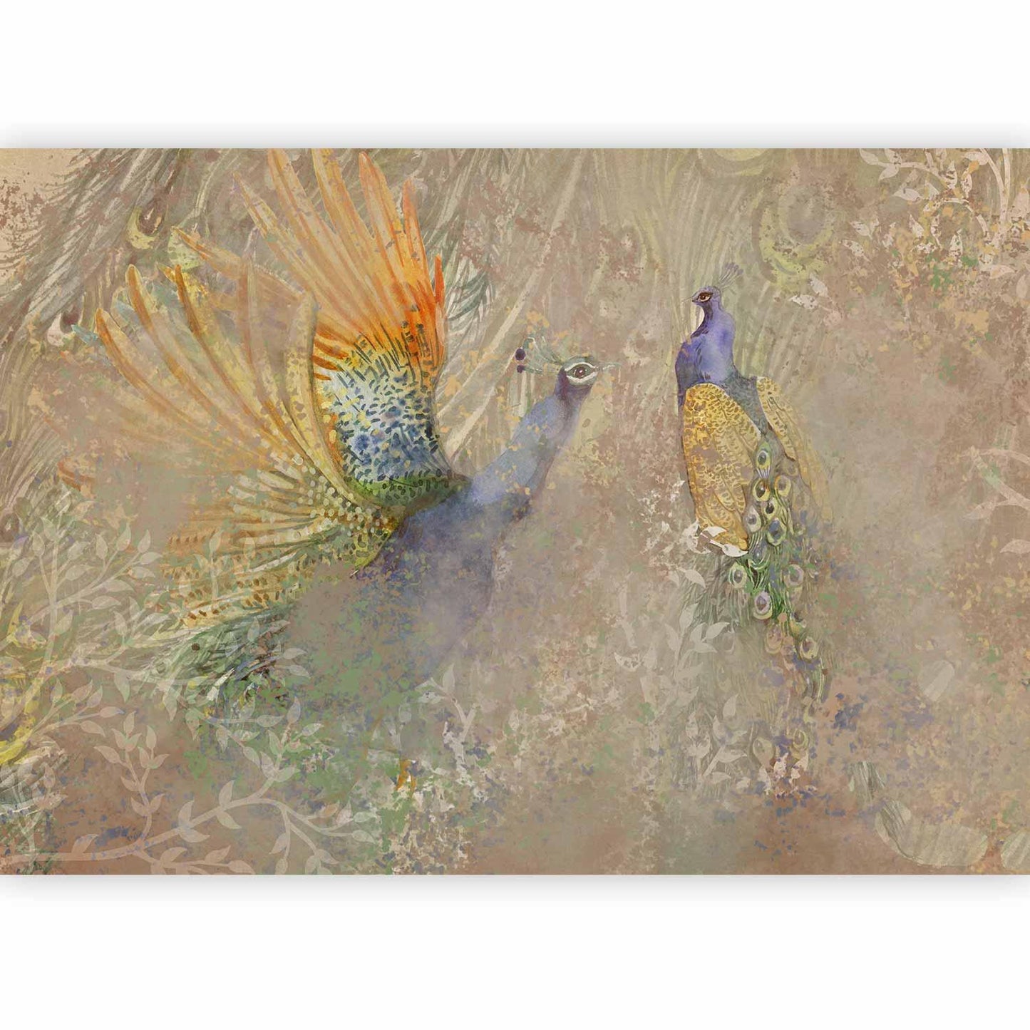 Fototapete - Peacocks in dance - bird motif among an abstract pattern with ornaments