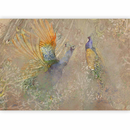 Fototapete - Peacocks in dance - bird motif among an abstract pattern with ornaments