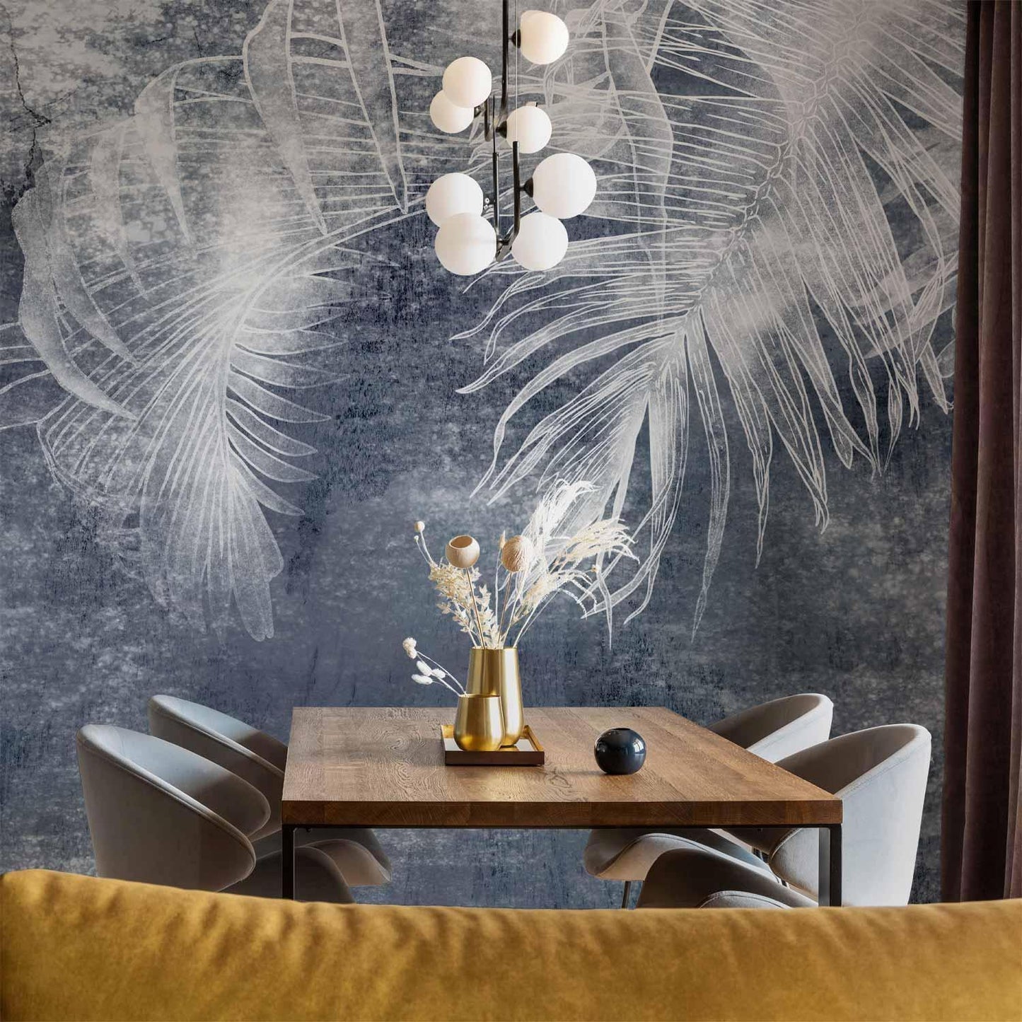 Fototapete - Abstraction with nature - exotic leaves on a blue background with pattern