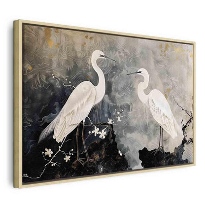 Leinwandbild - Herons and cherry blossoms - oriental-style illustration depicting birds