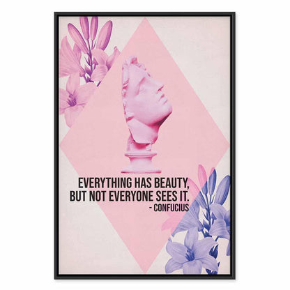 Leinwandbild - Beauty in the Eyes - Inspirational Quote with Pink Bust and Flowers