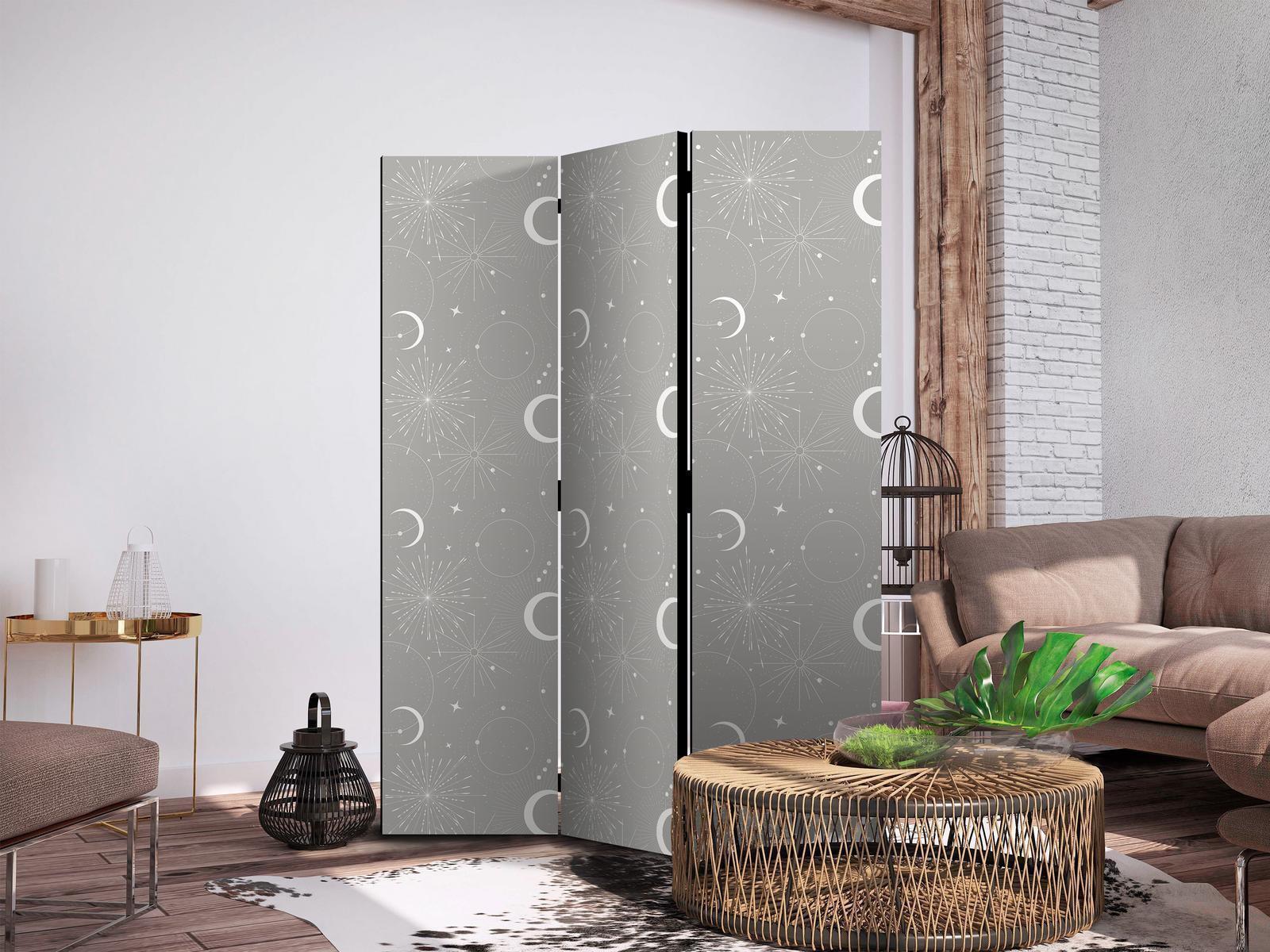 Paravent - Cosmic Fireworks - Elegant Pattern with Moons and Stars on a Gray Background Artgeist