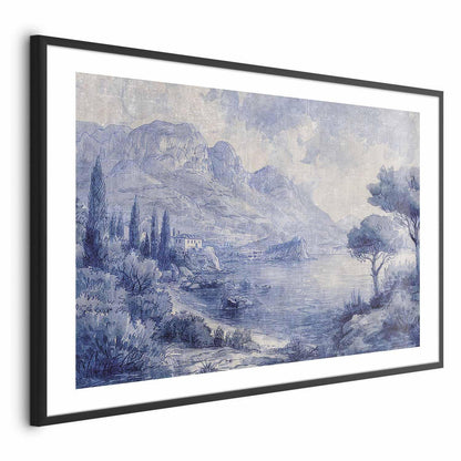 Poster - Blue Bay - Italian Landscape of Lake Como Painted in Blue Ink