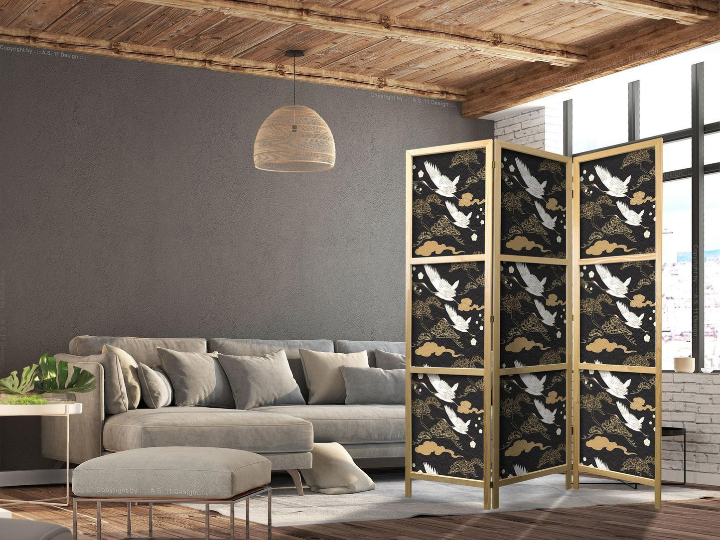 Japanischer Paravent - Oriental impressions - decorative pattern with a motif of flying cranes on a dark background