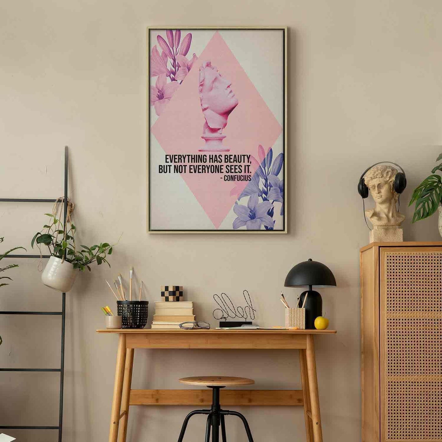 Leinwandbild - Beauty in the Eyes - Inspirational Quote with Pink Bust and Flowers