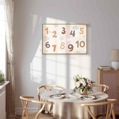 Leinwandbild - Jumping Numbers - Numbers in a Subdued Beige-Brown Hue Among Snowflakes Stars and Clouds Artgeist