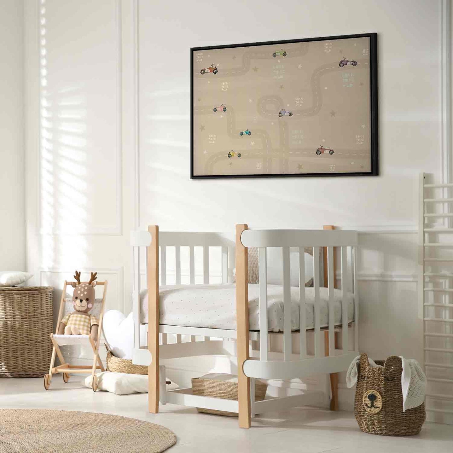 Leinwandbild - Race - Colorful Cars on a Road on a Beige Background with Inscriptions
