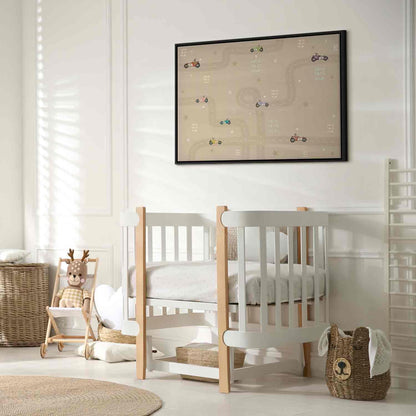 Leinwandbild - Race - Colorful Cars on a Road on a Beige Background with Inscriptions