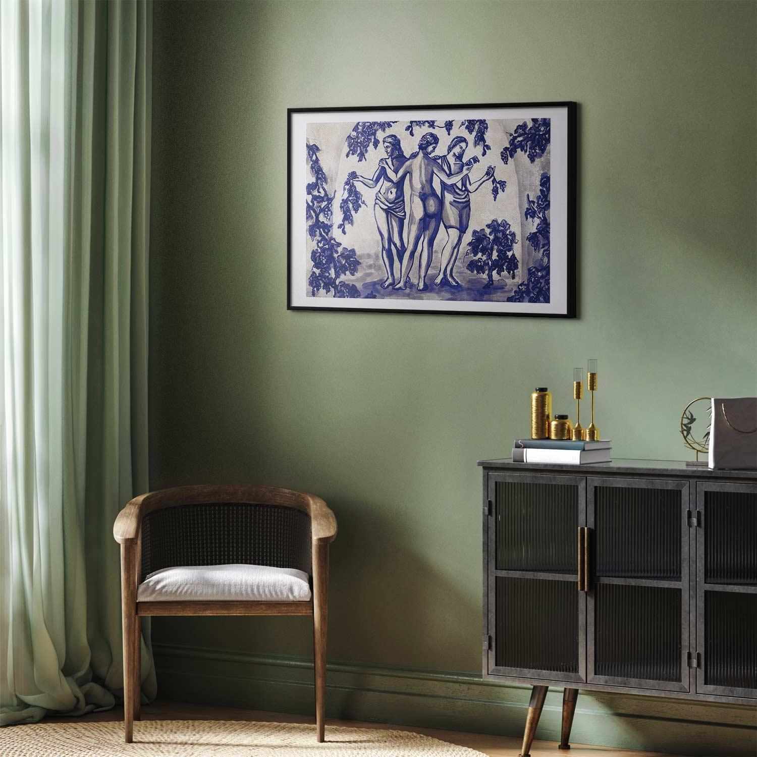 Poster - Ancient Vineyard - three women in a portal painted in blue ink Artgeist