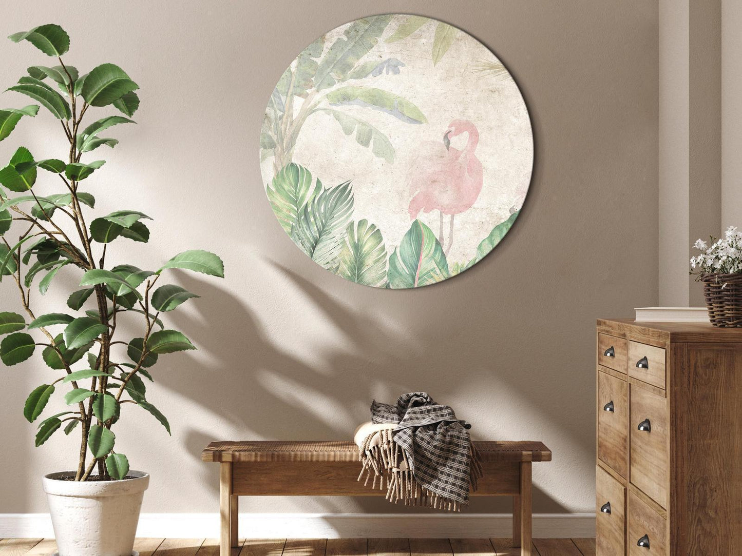 Rundes Bild - Birds wading among exotic flora - Flamingos amidst lush tropical vegetation in soft pastel shades of green