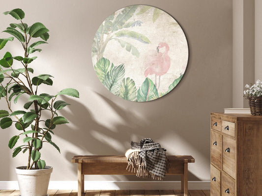 Rundes Bild - Birds wading among exotic flora - Flamingos amidst lush tropical vegetation in soft pastel shades of green