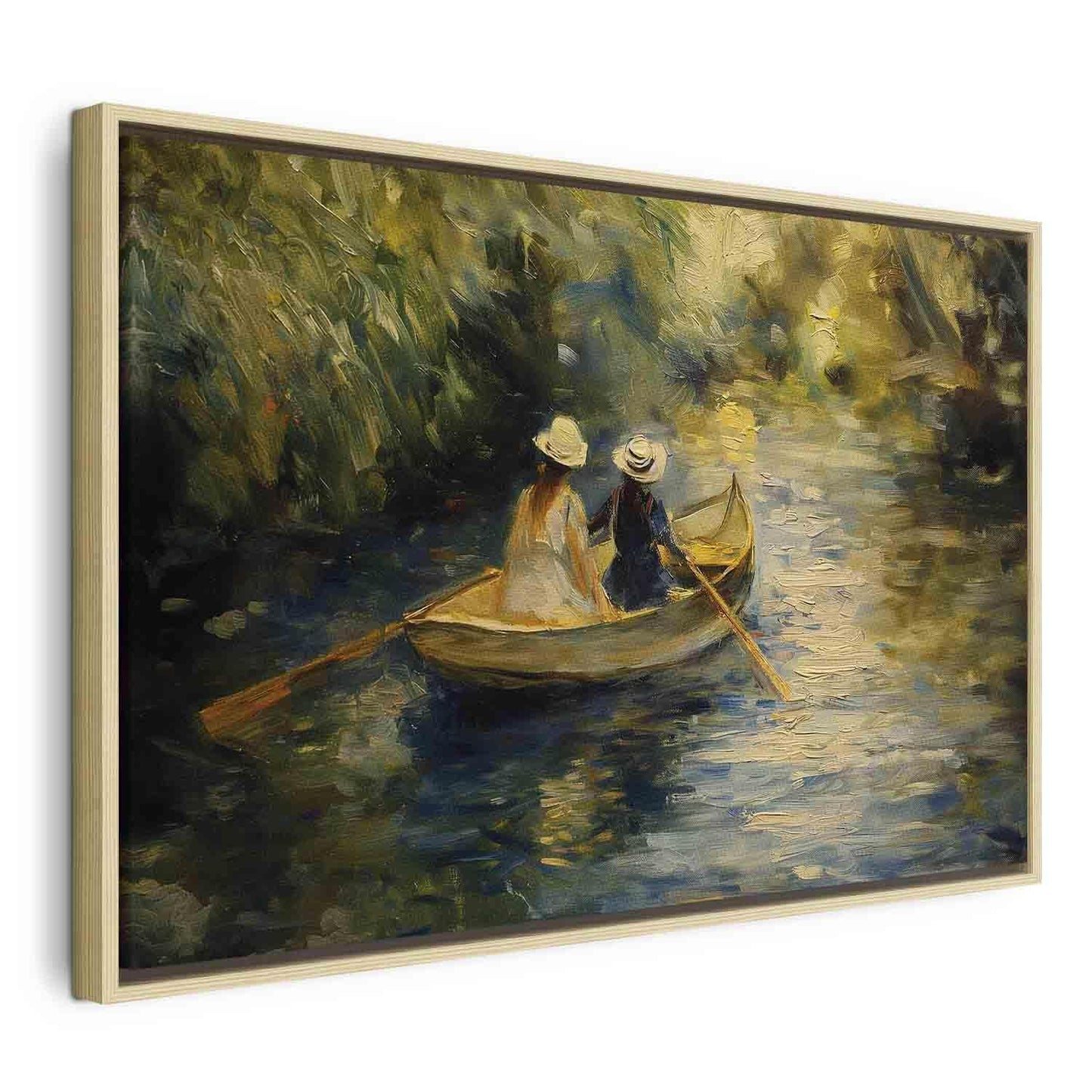 Leinwandbild - Boat crossing - painting of two women sailing a boat on a river