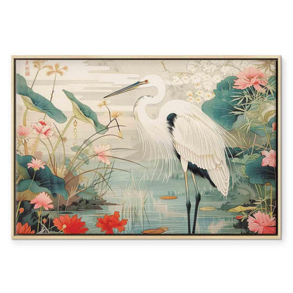 Leinwandbild - By an Asian pond - an illustration in the style of a Japanese engraving, depicting a heron