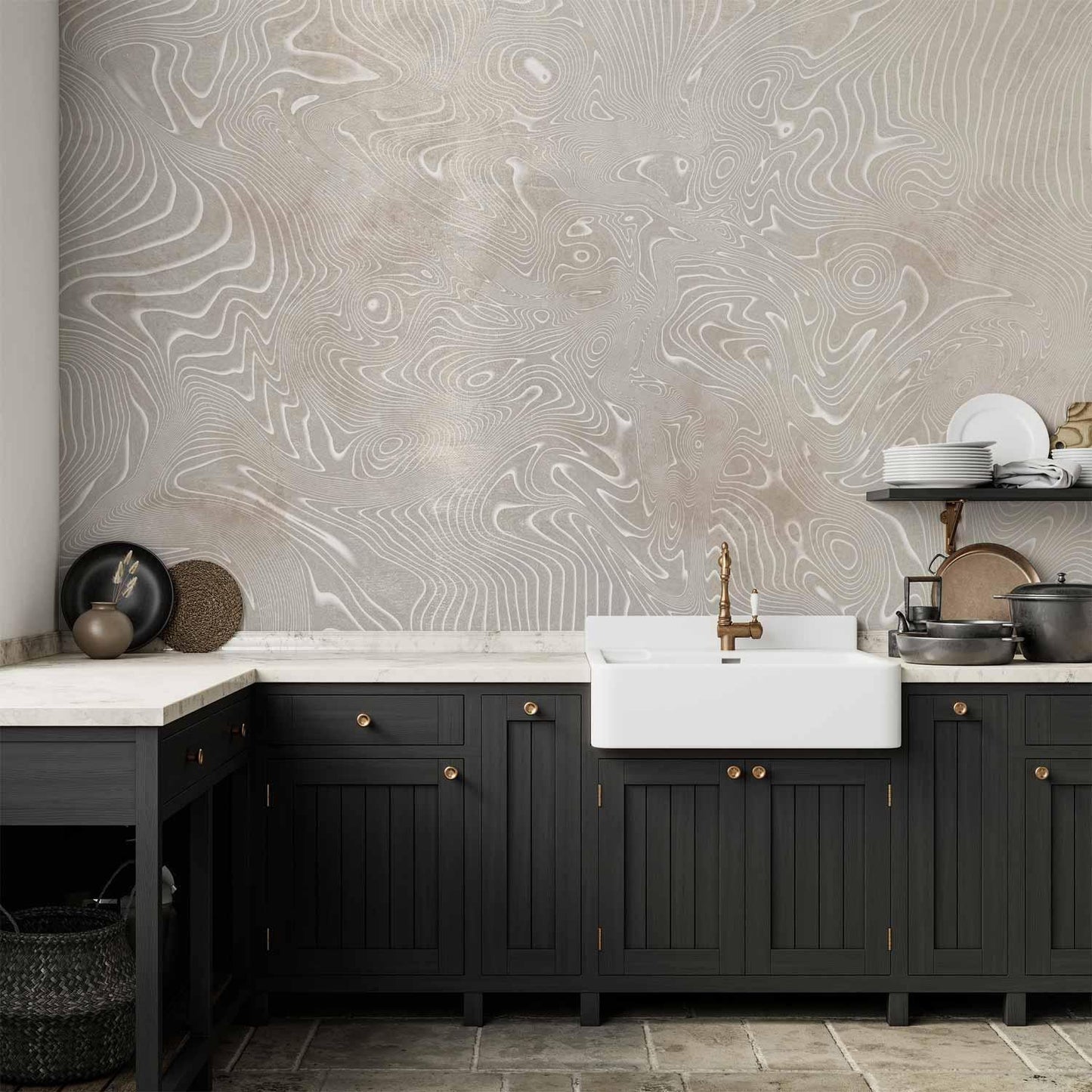 Fototapete - Flowing shapes - abstract beige and white background in patterned compositions