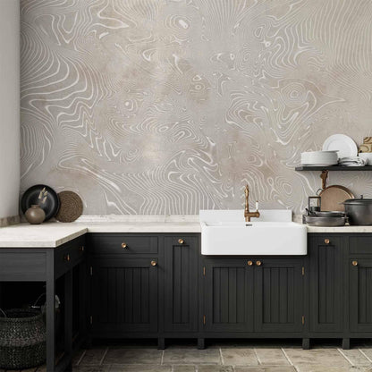 Fototapete - Flowing shapes - abstract beige and white background in patterned compositions