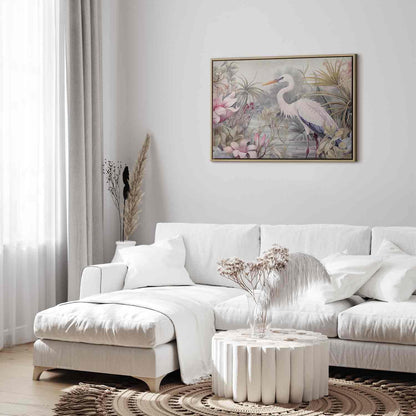 Leinwandbild - Heron wading in a pond - illustration in bright colours