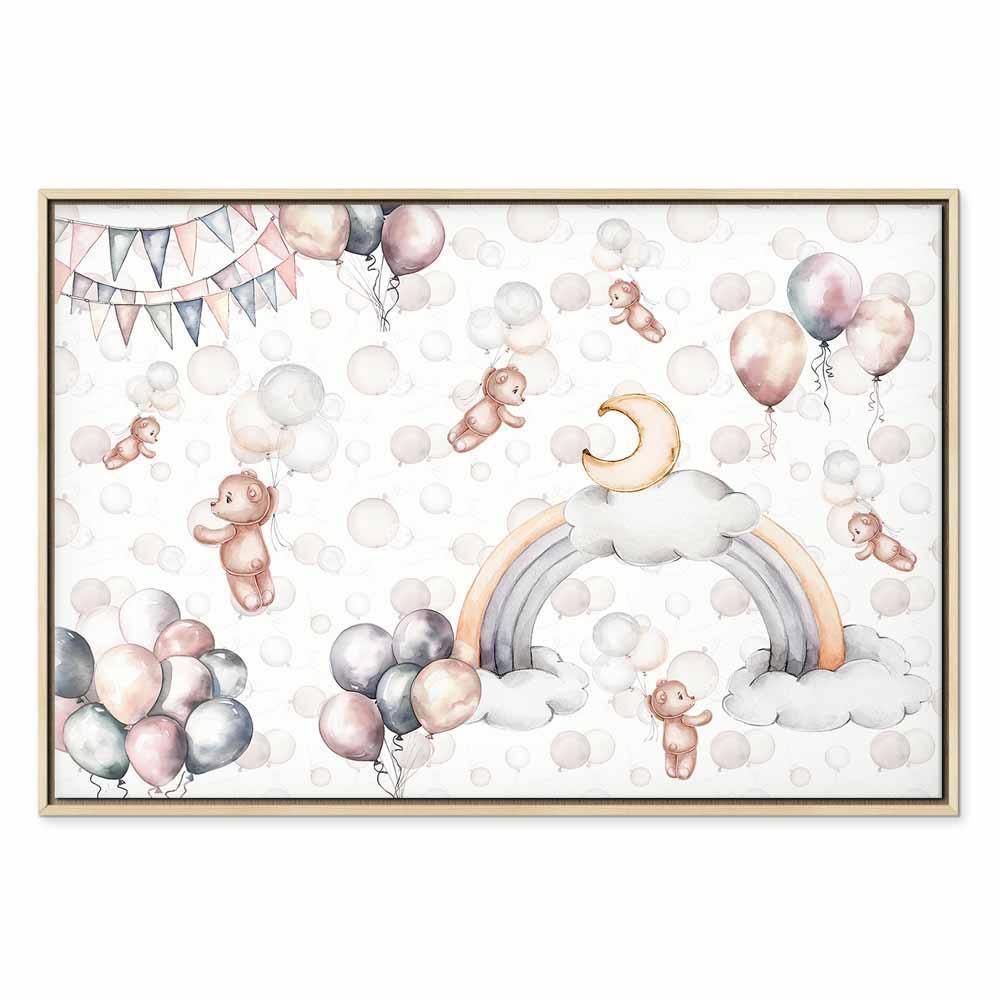 Leinwandbild - Toy Bears with Balloons - Flying Plush Bears Among Balloons Clouds and Rainbows in Subtle Pastel Hues