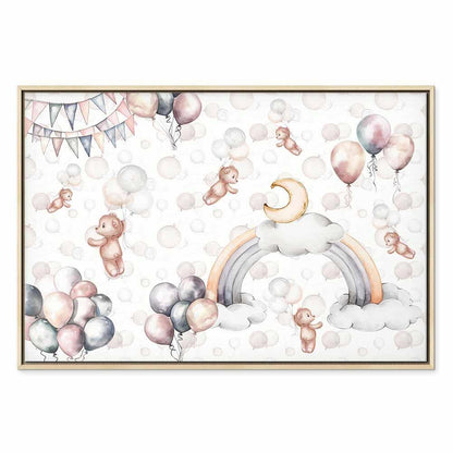 Leinwandbild - Toy Bears with Balloons - Flying Plush Bears Among Balloons Clouds and Rainbows in Subtle Pastel Hues