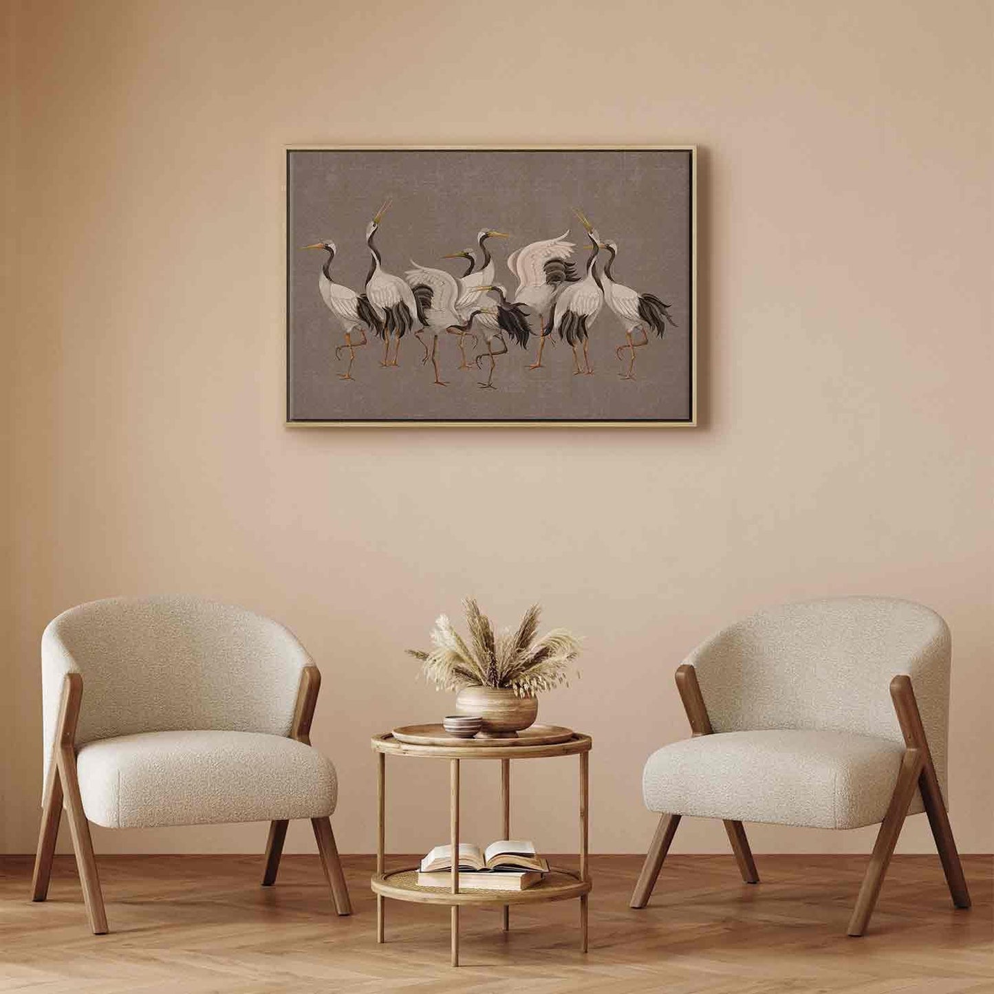 Leinwandbild - Crane dance – bright silhouettes of birds against a warm grey background with texture