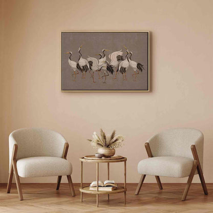 Leinwandbild - Crane dance – bright silhouettes of birds against a warm grey background with texture