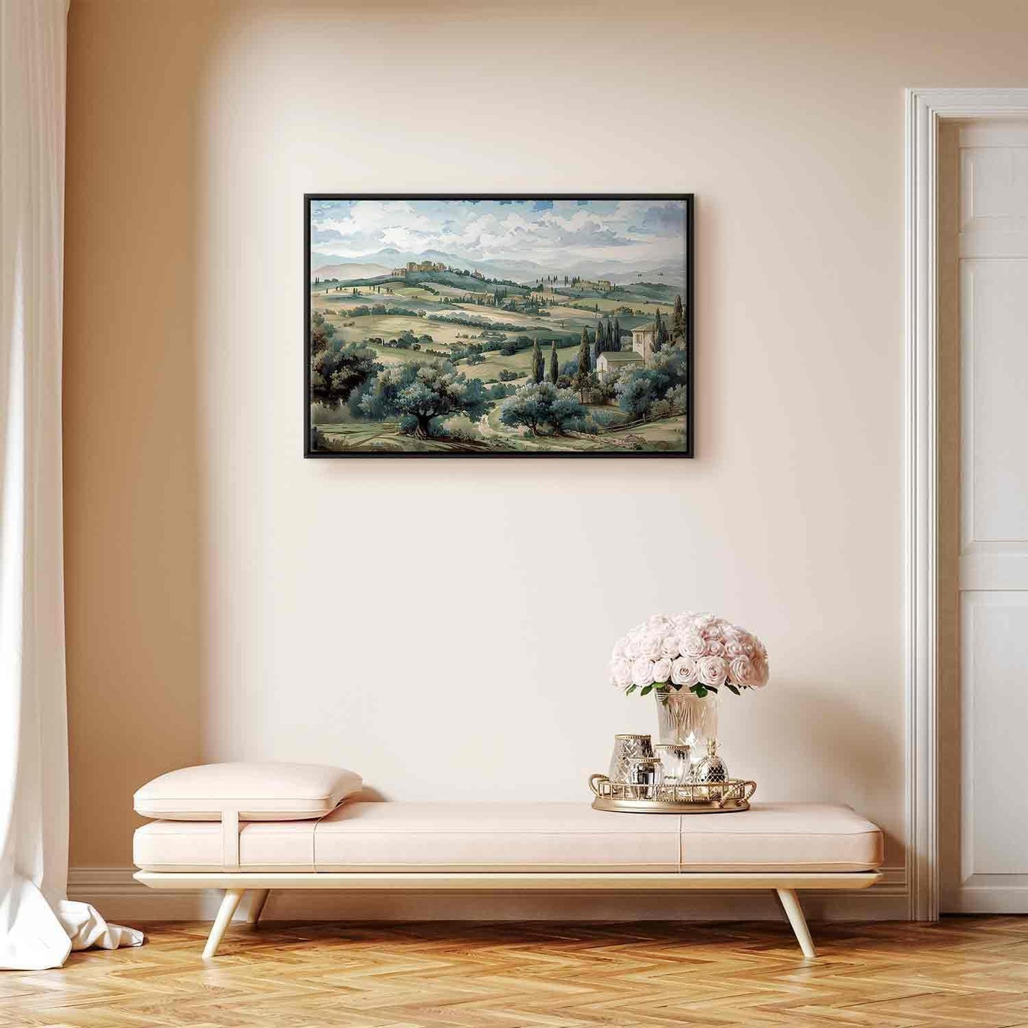 Leinwandbild - Landscape with Green Fields and Trees Tuscan Sunny View Artgeist