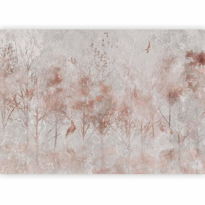 Fototapete - Autumn landscape - abstract with trees and birds on a textured background