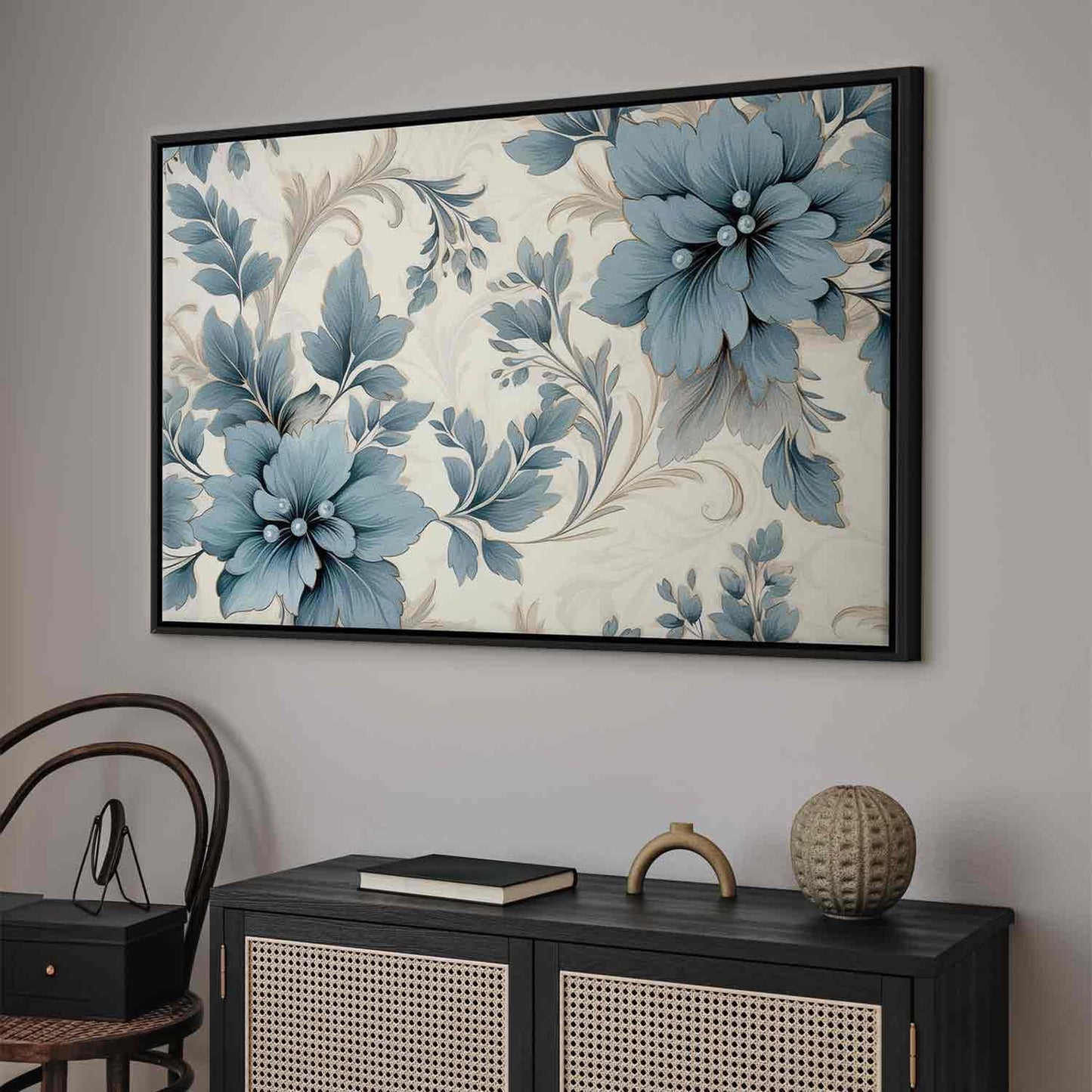 Leinwandbild - Turquoise Flowers in Retro Ambience Floristic Ornaments