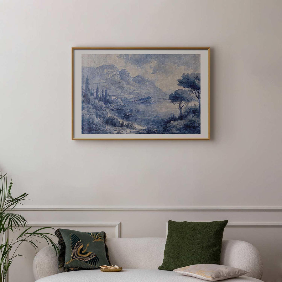Poster - Blue Bay - Italian Landscape of Lake Como Painted in Blue Ink Artgeist
