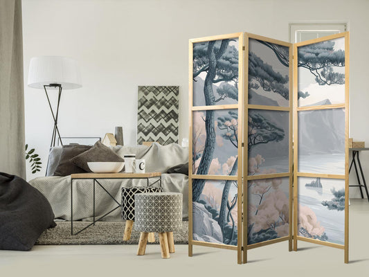 Japanischer Paravent - Mountainous Coastline with Trees and Rocks in Light Pastel Blues