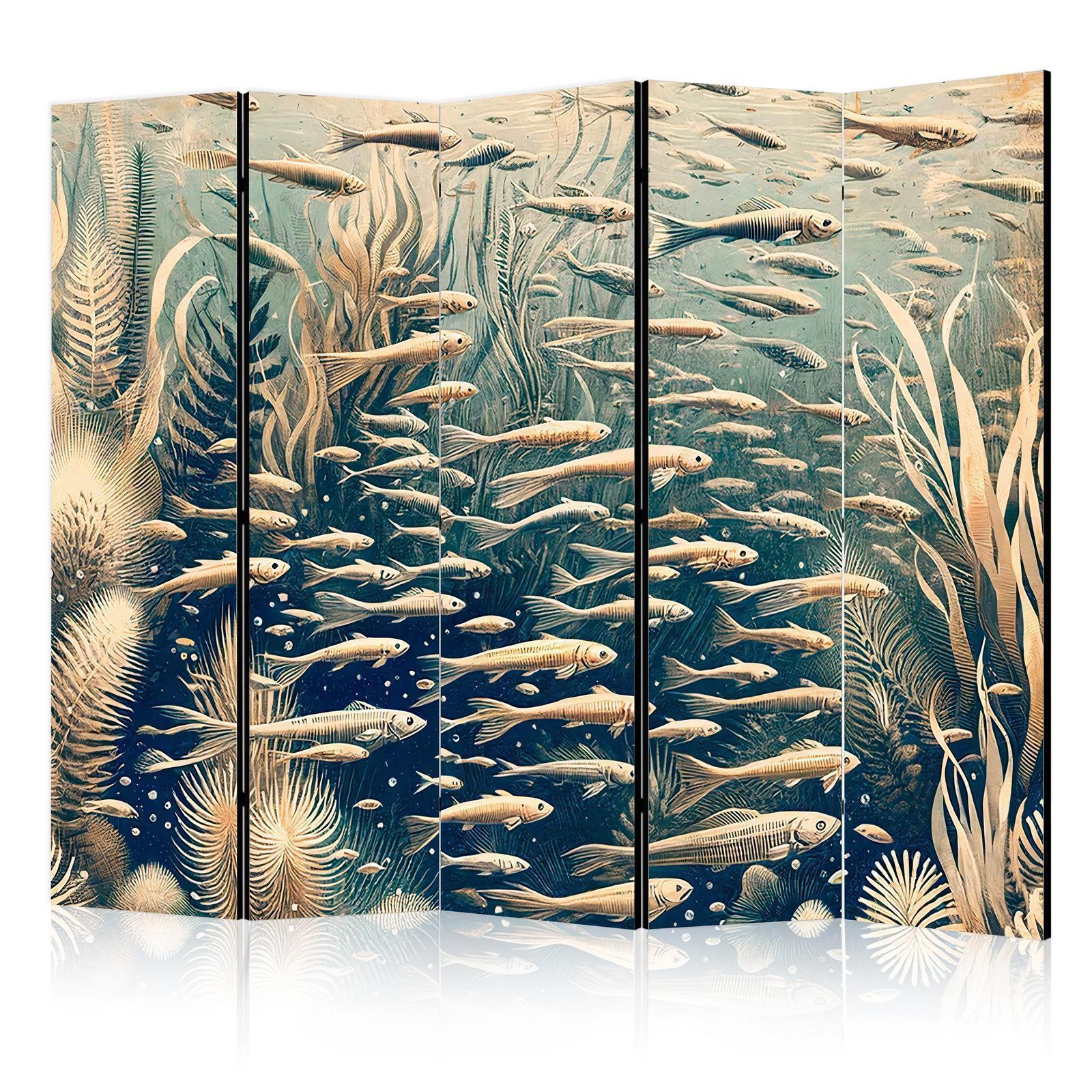 Paravent - Life in The Ocean - Underwater World of Fish And Vegetation in Beige And Navy Colors in Retro Style Artgeist