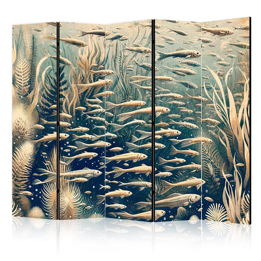 Paravent - Life in The Ocean - Underwater World of Fish And Vegetation in Beige And Navy Colors in Retro Style Artgeist