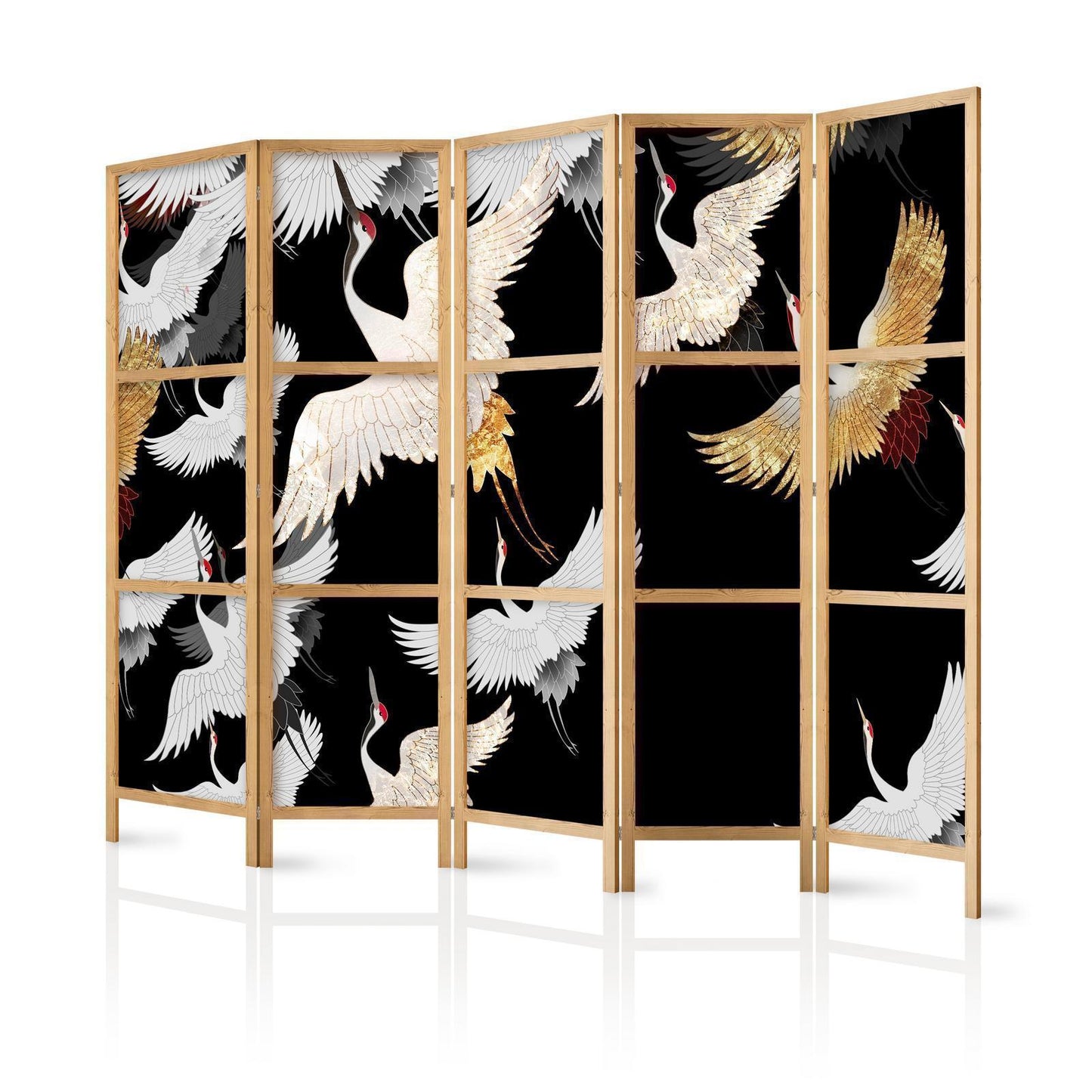 Japanischer Paravent - Cranes at Night - Golden-White Birds Flying Away on a Black Background Artgeist