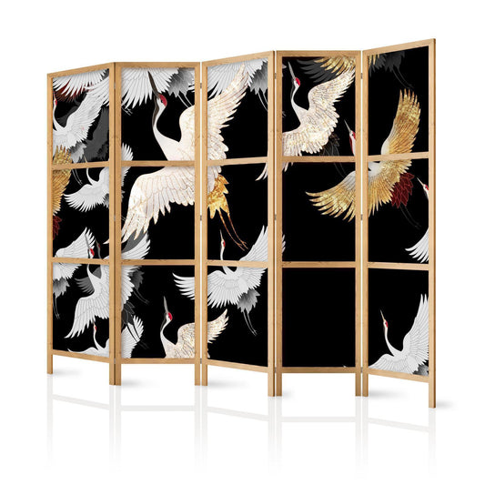 Japanischer Paravent - Cranes at Night - Golden-White Birds Flying Away on a Black Background Artgeist